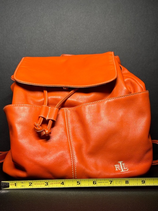 Lauren Ralph Lauren Orange Leather Drawstring Backpack Bag RL Logo main image 13